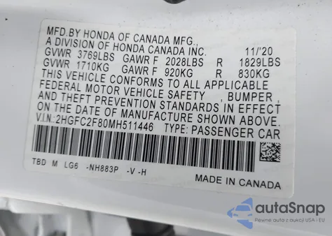 2021 Honda Civic Sport из США, поврежденный, VIN 2HGFC2F80MH511446